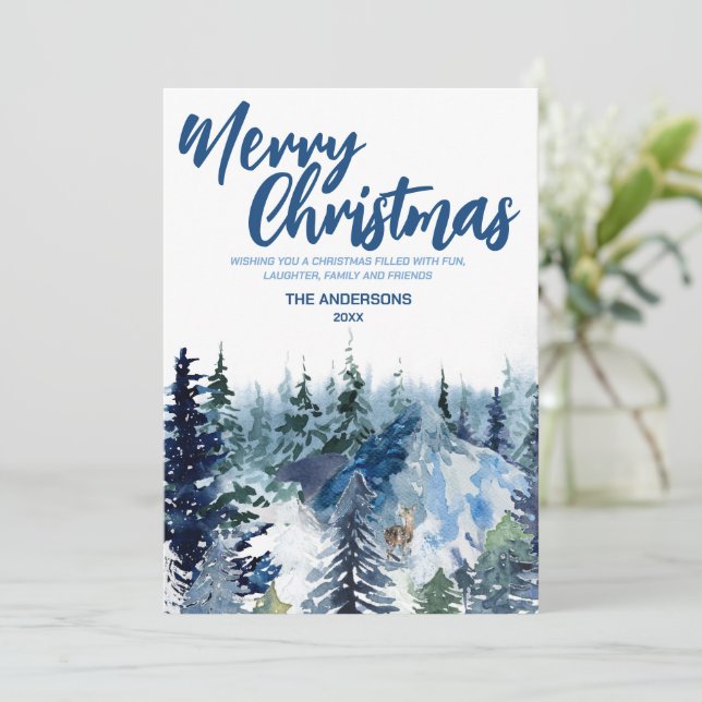 Cartão De Festividades Feriado Moderno da Floresta Merry xmas Azul (Em pé/Frente)