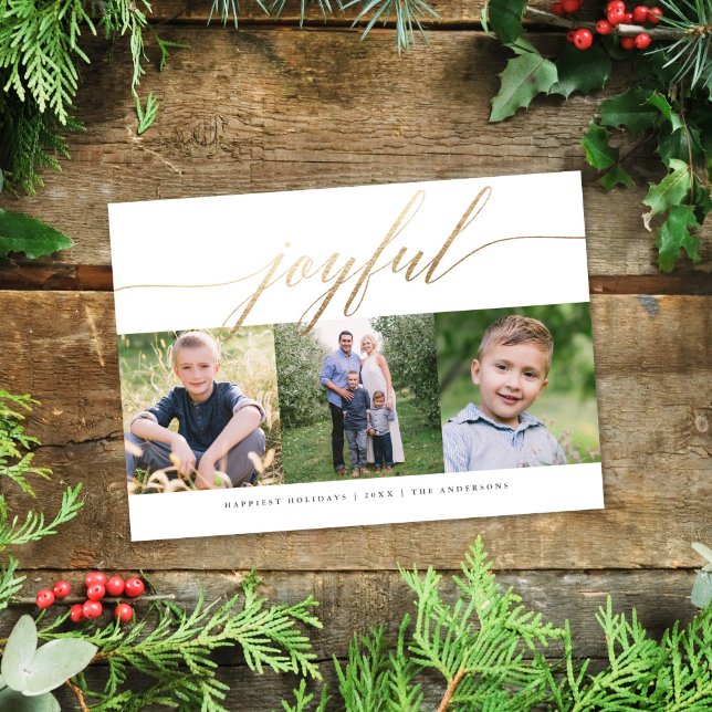 Cartão De Festividades Feriado Multifotográfico Dourado de Script Joyful (Criador carregado)