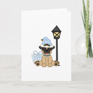 Cartão De Festividades Feriado Pug com presente (azul)