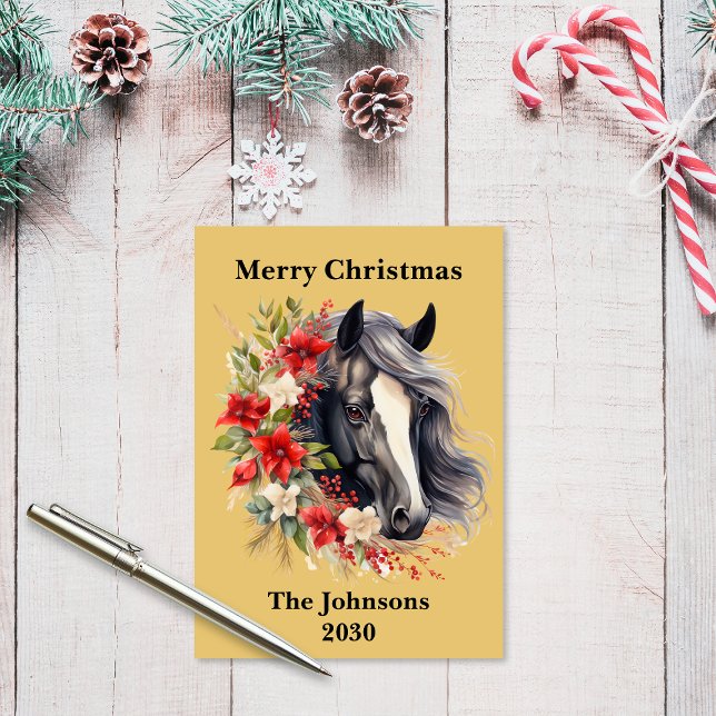Cartão De Festividades Feriado Rustic Flat Black Horse Wreath (Rustic Flat Black Christmas Horse Wreath Holiday Card)