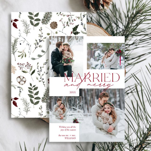 Cartão De Festividades Feriado Vermelho Casado e Feliz Moderno (Easily personalize this newlywed photo holiday card with your favorite image and deets)