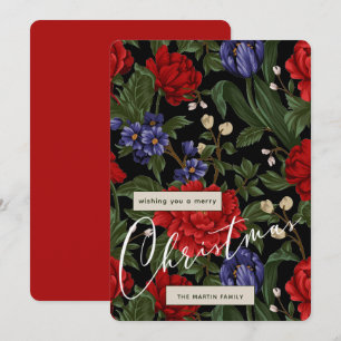 Cartão De Festividades Feriado Vermelho Negro Floral Feliz Natal Script