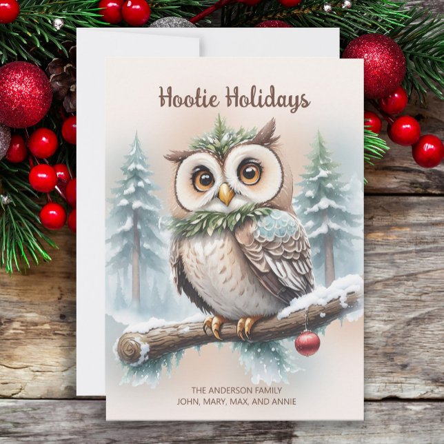 Cartão De Festividades Feriados de Natal Rustic da Coruja ("Hootie Holidays" owl watercolor painting Christmas holiday greeting card.)