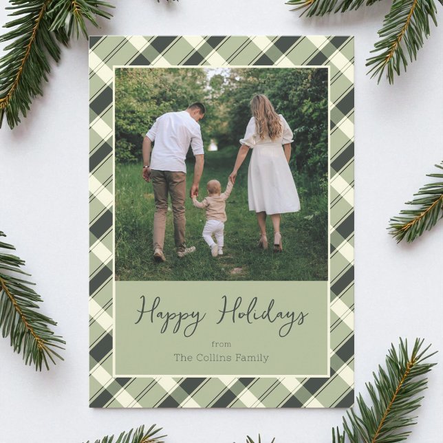 Cartão De Festividades Feriados felizes com o Script de Xadrez Verde Mode (Modern Green Plaid Script Photo Happy Holidays Holiday Card)