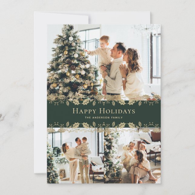 Cartão De Festividades Feriados felizes da Dourada Holly Fotografia Verde (Frente)