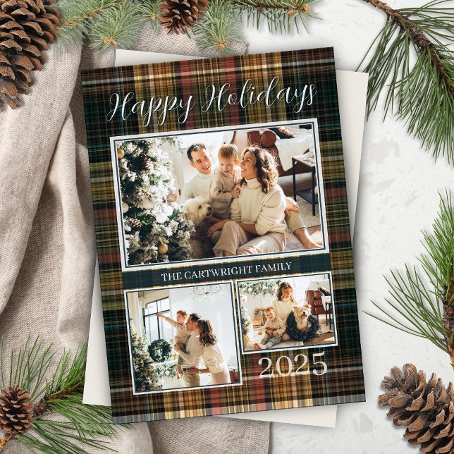 Cartão De Festividades Feriados Felizes da Família de Xadrezes Formais El (modern rustic plaid happy holidays card with 3 photos family name, year and personalized message)