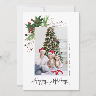 Cartão De Festividades Feriados Felizes da Família Watercolor Holly Photo