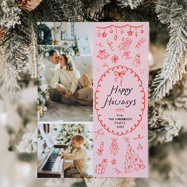 Cartão De Festividades Feriados Felizes Desenhados pela Mão Vermelha Pink