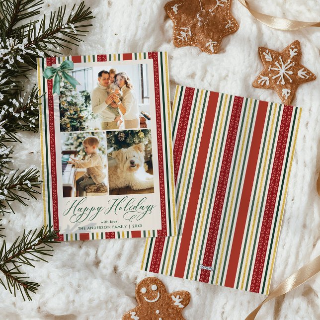 Cartão De Festividades Feriados Felizes do Arco Stripes Douradas Vermelha (Criador carregado)