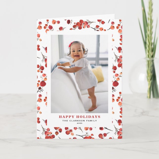 Cartão De Festividades Feriados Felizes do Winterberry Red Watercolor (Frente)