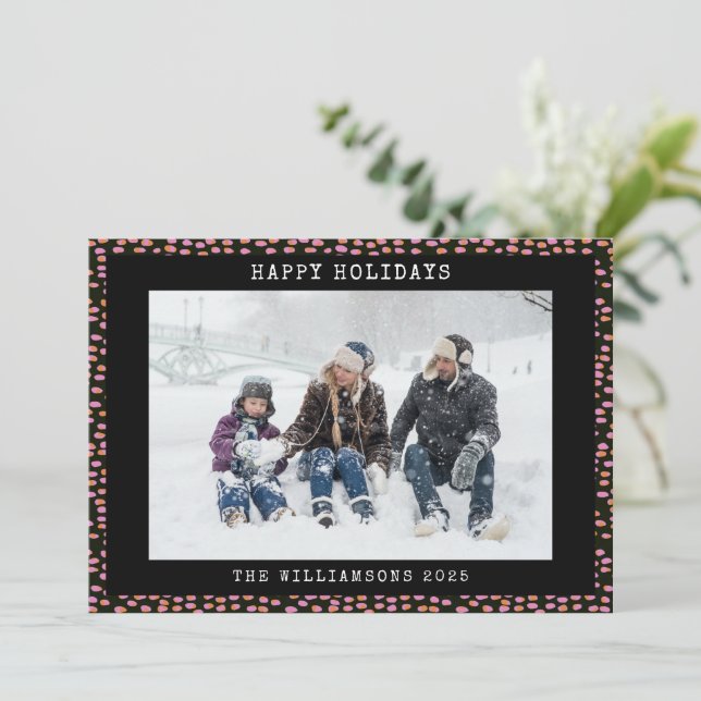 Cartão De Festividades Férias de Foto Personalizada com Pontos Pretos e R (Em pé/Frente)