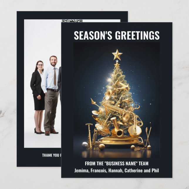 Cartão De Festividades Férias em árvore de natal com instrumentos musicai (Frente/Verso)