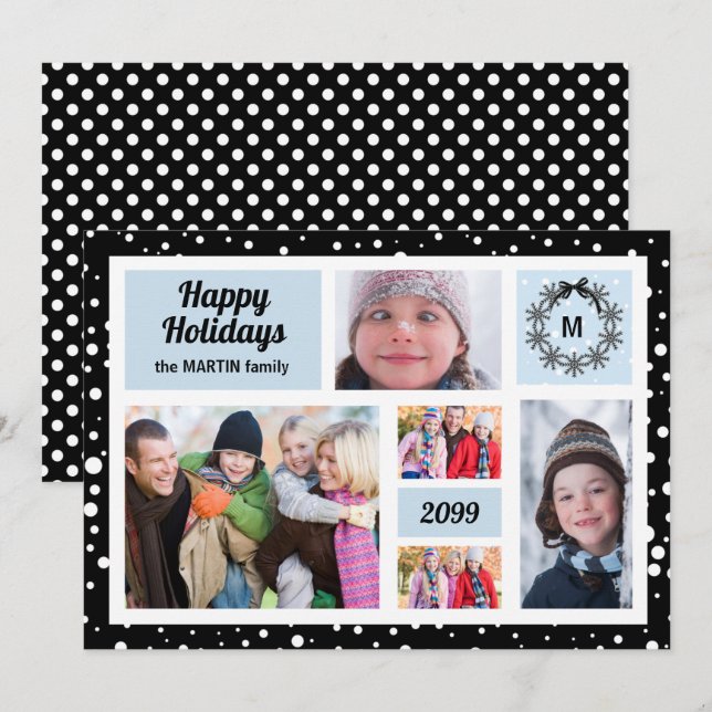Cartão De Festividades Férias Felizes Azul e Preto Natal 5 Foto (Frente/Verso)
