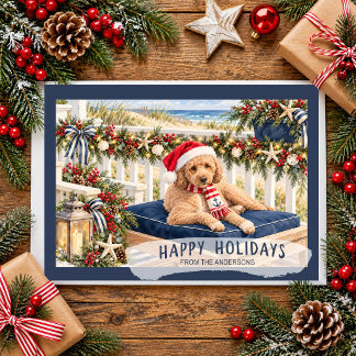 Cartão De Festividades Férias Felizes Christmas Coastal Goldendoodle