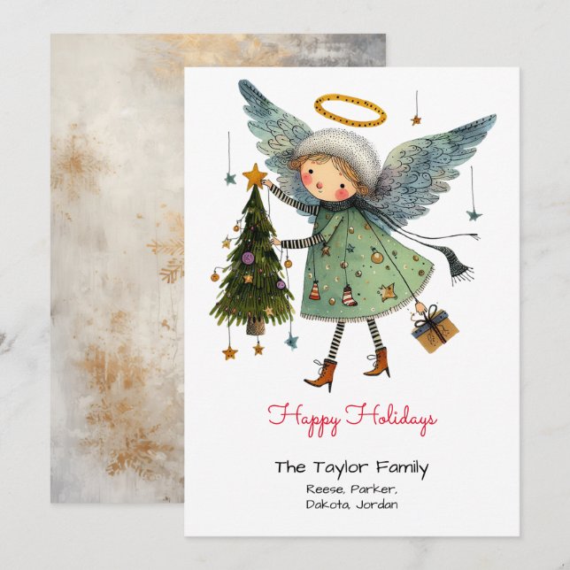 Cartão De Festividades Férias Felizes com Anjo Caprichoso e Árvore (Frente/Verso)
