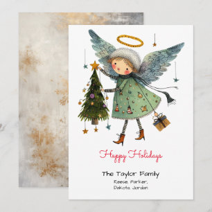 Cartão De Festividades Férias Felizes com Anjo Caprichoso e Árvore Vermel
