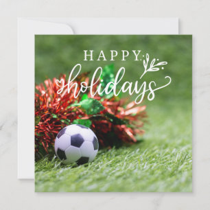 Cartão De Festividades Férias Felizes de Futebol com bola na grama verde 
