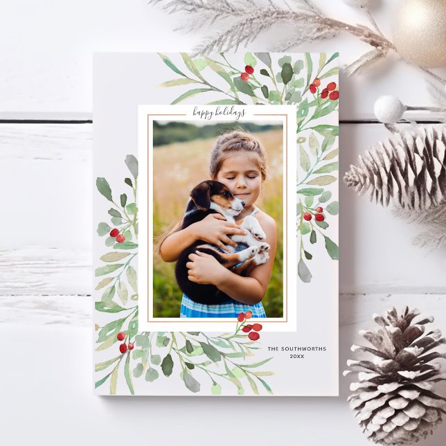 Cartão De Festividades Férias Felizes Foto Folhagem Verde Frutas Vermelha (Criador carregado)