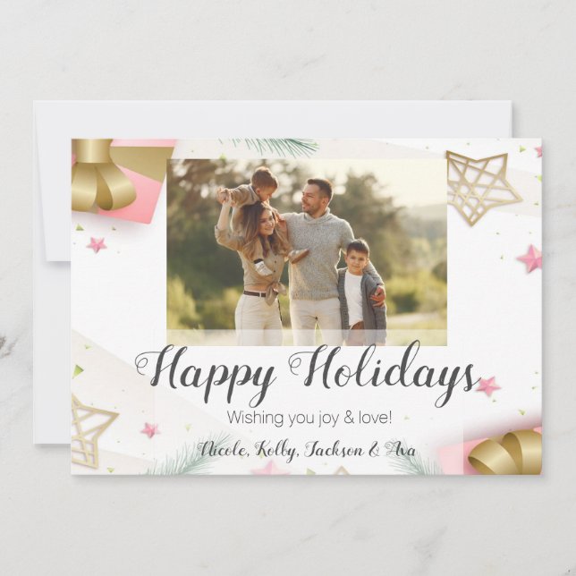 Cartão De Festividades Férias Felizes Foto Rosa e Dourada & Texto Persona (Frente)