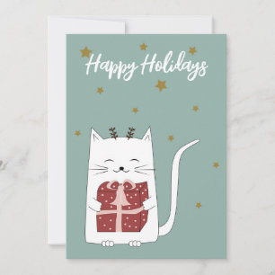 Cartão De Festividades Férias Felizes Gato Fofo com Presente 