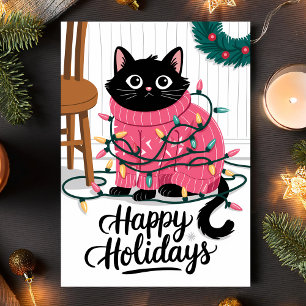 Cartão De Festividades Férias Felizes Gato Fofo Envolto Em Luzes