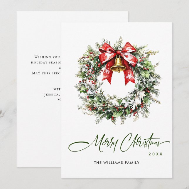 Cartão De Festividades Fesação De Aquarela Holly Berry Pine Wreath (Frente/Verso)