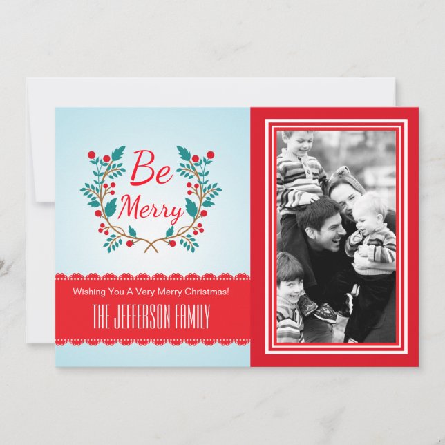 Cartão De Festividades Fesath Wreath Light Blue e Red Christmas Photo (Frente)