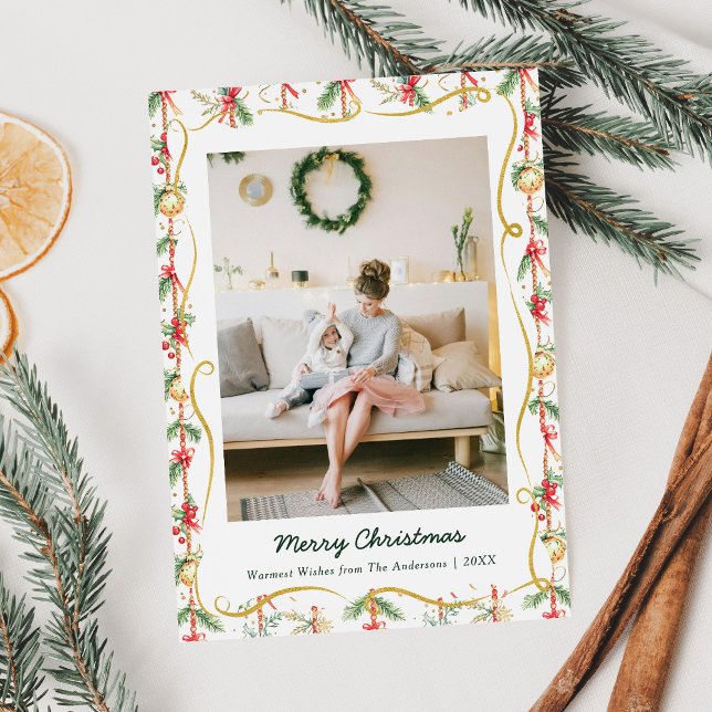 Cartão De Festividades FesNatal Garland e Padrão de Arco 1 Foto (Criador carregado)