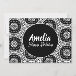 Cartão De Festividades Festa de Aniversário Mandala Floral Preto Branco