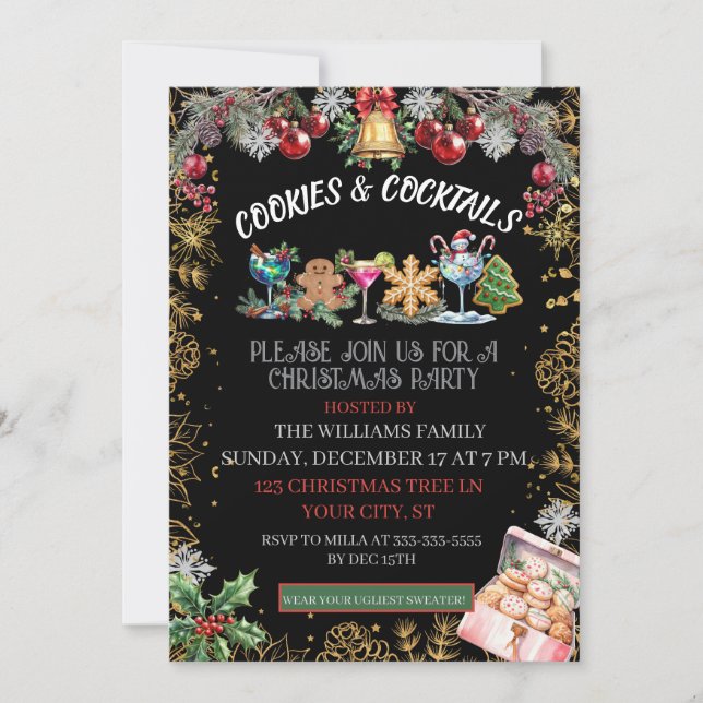 Cartão De Festividades Festa de Natal de Coquetéis e Biscoitos (Frente)