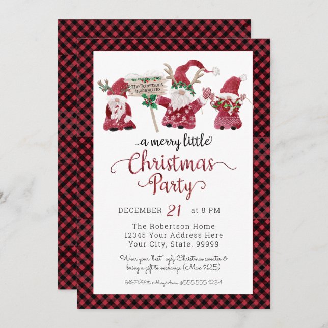 Cartão De Festividades Festa de Natal Pequena e Alegre com Gnomos Fofos d (Frente/Verso)