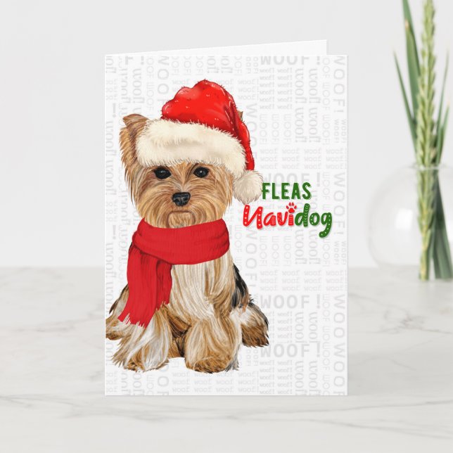 Cartão De Festividades Festa de Natal Yorkshire Terrier Fleas NaviDOG (Frente)
