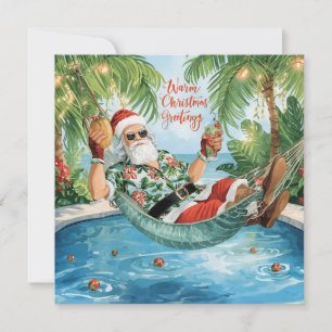 Cartão De Festividades Festa na Piscina Feliz Natal Papai Noel Tropical d