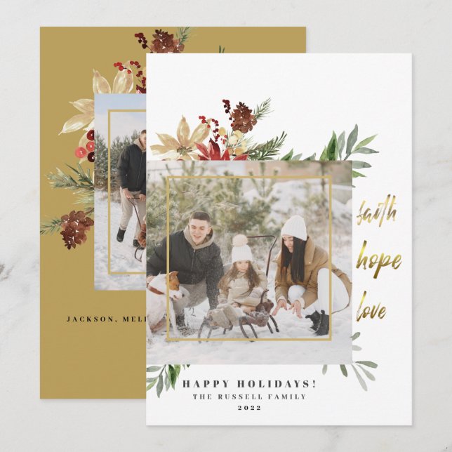 Cartão De Festividades Festiva Dourada Faith Hope Ama Duas Fotografias Na (Frente/Verso)