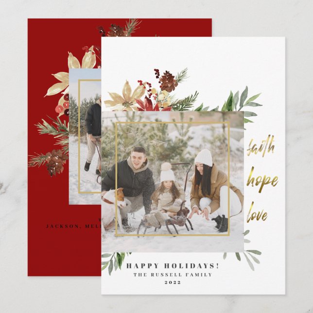 Cartão De Festividades Festiva Dourada Faith Hope Love 2 Red Photo Christ (Frente/Verso)