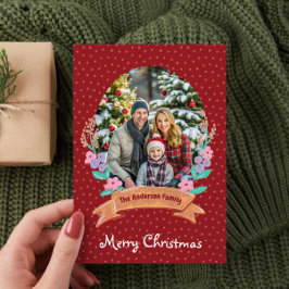 Cartão De Festividades Festiva Floral Wreath Christmas Red Photo