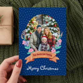 Cartão De Festividades Festiva Floral Wreath Dark Blue Foto Natal