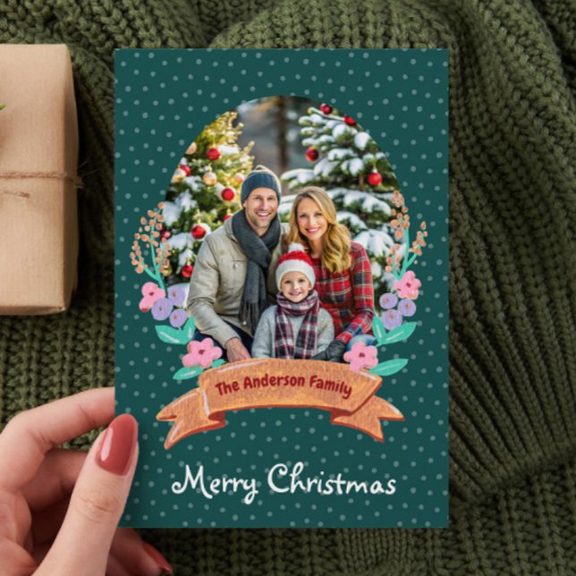 Cartão De Festividades Festiva Floral Wreath Green Foto Natal (Criador carregado)