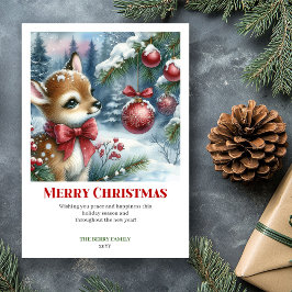 Cartão De Festividades Festive Baby Fawn Snowy Forest Watercolor Xmas