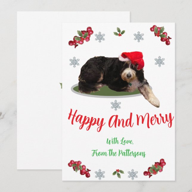 Cartão De Festividades Festive dog wearing a Santa Hat Flat Holiday Card (Frente/Verso)