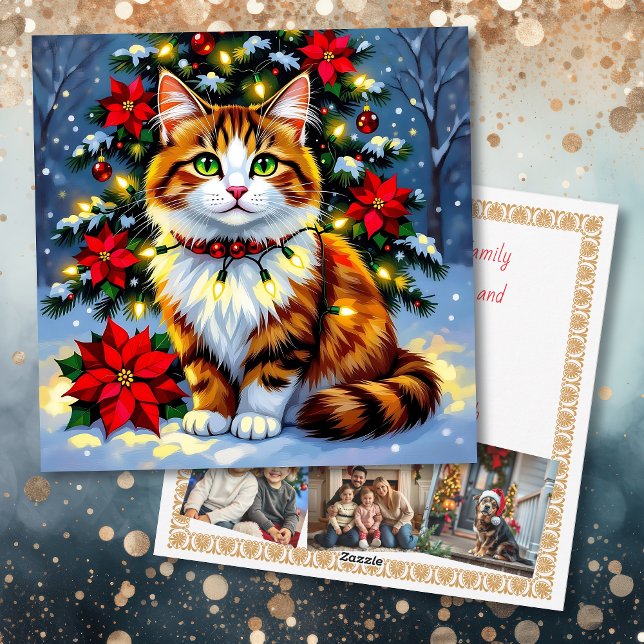 Cartão De Festividades Festive Folk Art Cat with Family Photos Custom (Criador carregado)