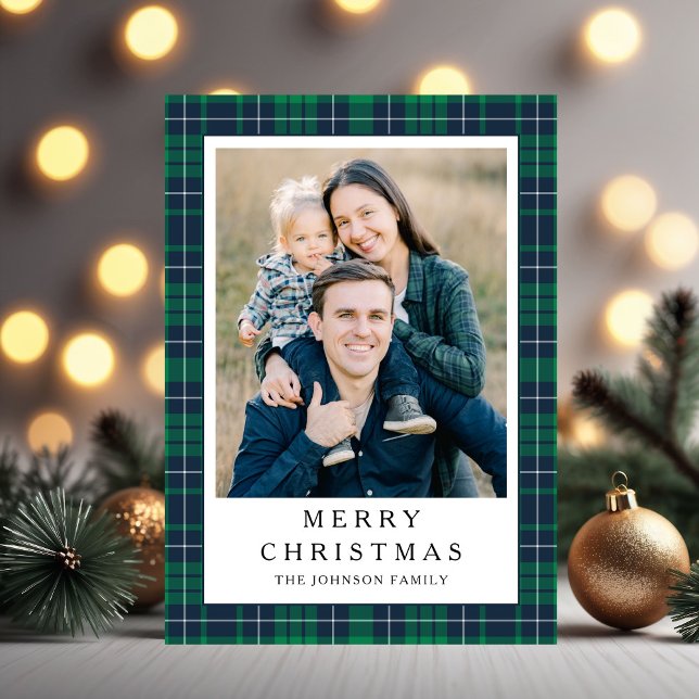 Cartão De Festividades Festive Green Plaid Photo Christmas (Festive Green Plaid Photo Christmas Holiday Card)