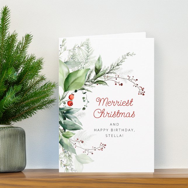 Cartão De Festividades Festive Greenery Merry Christmas Happy Birthday (Festive Greenery Merry Christmas Happy Birthday Holiday Card)