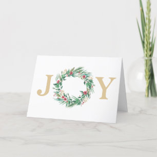 Cartão De Festividades Festive Holiday Watercolor JOY Wreath Photo Card