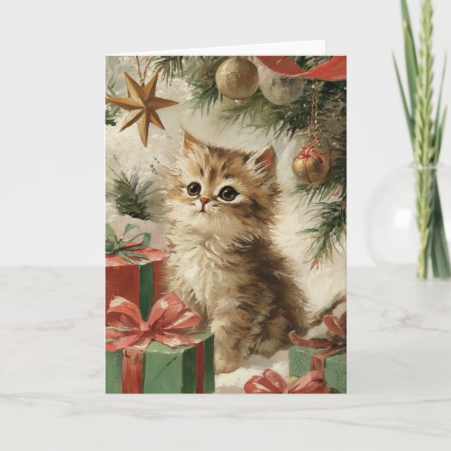 Cartão De Festividades Festive Kitty Cat Christmas Greeting Folded Card (Frente)