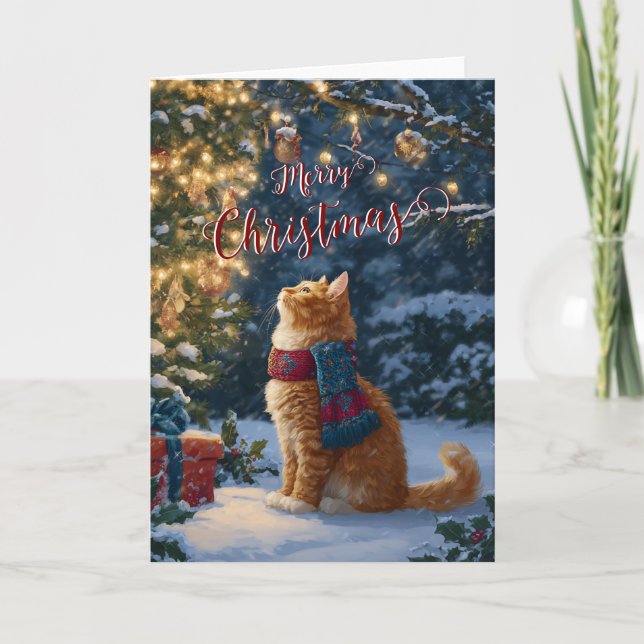 Cartão De Festividades Festive Orange Cat Christmas Greeting Folded Card (Frente)
