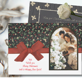 Cartão De Festividades Festive Red Bow & Floral Flat Holiday Card