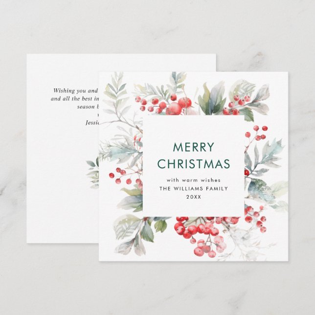 Cartão De Festividades Festive Watercolor Holly Berry Christmas Modern (Frente/Verso)