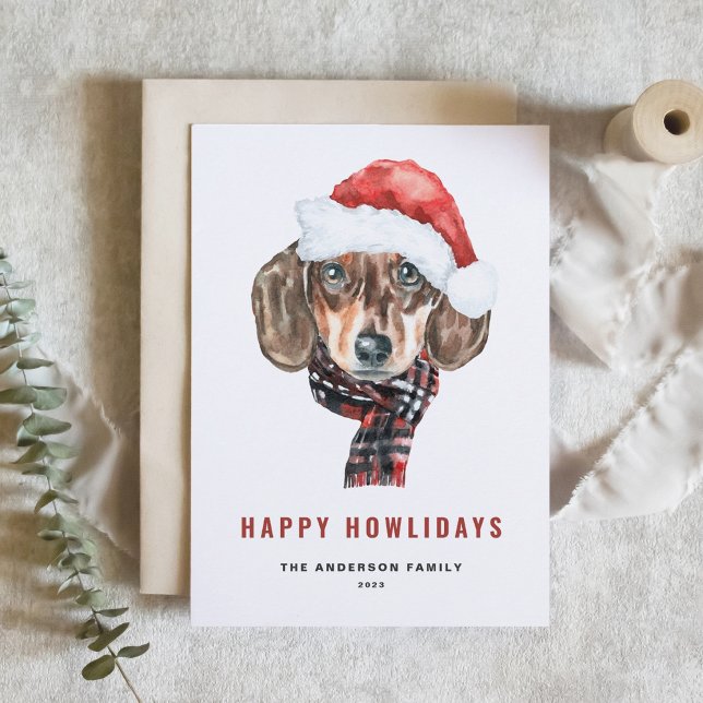 Cartão De Festividades Festivo Aquarela Papais noeis Dachshund Felizes Há (Criador carregado)