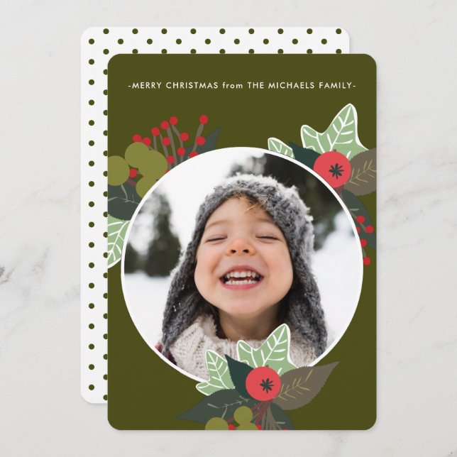 Cartão De Festividades Festivo Círculo Botânico Verde Foto Natal (Frente/Verso)